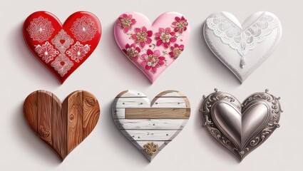 Wall Mural - Six Decorative Hearts Wooden Floral Lace Red Whitewashed and Ornate Metal Designs