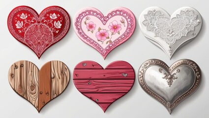 Wall Mural - Six Unique Valentine s Day Heart Designs Red Pink Wooden Lace and Metal Hearts