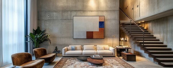 minimalist, loft home interior design of modern living room with concrete wall, cream sofa, and brow