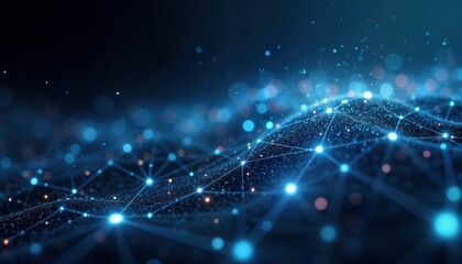 Fototapete - Futuristic network connections form dynamic structure. Complex web of data points, lines. Abstract representation of information flow. Advanced tech concept. Modern business model. Digital world.