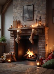 Wall Mural - A crackling fireplace with stockings hung by the chimney, holiday, winter, stockings