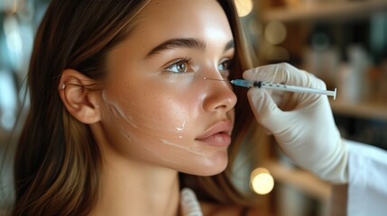 Wall Mural - A profile view of a woman receiving a Botox injection in her cheek or jawline, highlighting the area being treated