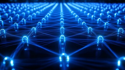 Abstract blue background with glowing connections and dots, a technology concept banner for a digital network or internet connection on a dark background