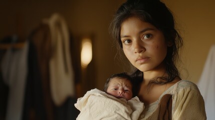 Wall Mural - Motherhood's Embrace: A young mother cradles her newborn, her expression a blend of weariness and unwavering love, creating a poignant image of motherhood's profound connection. 