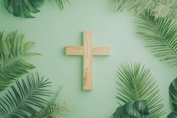 Wall Mural - Palm Sunday. Wooden christian cross and palm leaves on green pastel background, top view, copy space. Palm sunday festival concept.