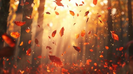 Aufkleber - Captivating autumn leaves cascading in a serene forest during golden hour. Generative AI