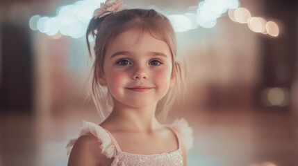 Wall Mural - Sweet Little Ballerina: A charming portrait of a young girl, her eyes sparkling with innocence, dressed in a delicate ballerina costume. The soft.