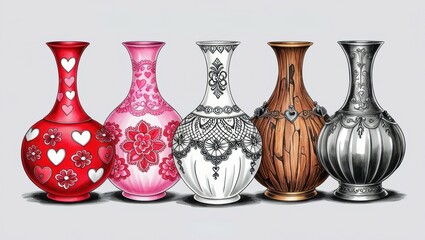 Wall Mural - Five Decorative Vases Red Pink White Wood Silver Hearts Flowers Lace Patterns Romantic Ornate