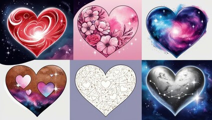 Wall Mural - Six Unique Galaxy Floral Heart Designs Romantic Valentine s Illustration