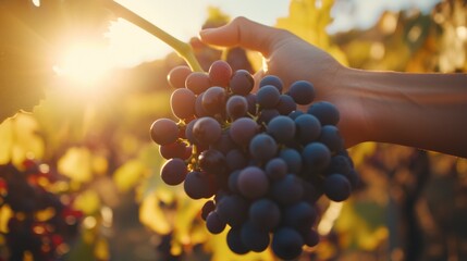 harvest sunset: a hand gently holds a cluster of ripe, dark purple grapes, illuminated by the warm g