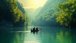© Gufis - Couple canoeing on serene, green river in canyon.