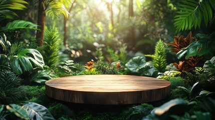 Wall Mural - Wooden platform in lush tropical rainforest setting.