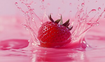 Sticker - Strawberry splashing pink liquid, food, drink