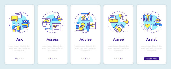 Canvas Print - 5A obesity management onboarding mobile app screen. Walkthrough 5 steps editable graphic instructions with linear concepts. UI, UX, GUI template. Montserrat SemiBold, Regular fonts used