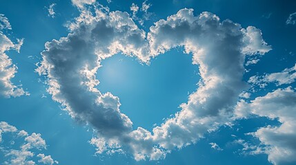 Wall Mural - Heart-shaped clouds in a vibrant blue sky, sun shining through.