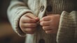 © SSTC AI Photo&Video - Little Hands, Big Sweater: Close-up of a child's small hands carefully buttoning a chunky knit cardigan, emphasizing the textures and delicate details.