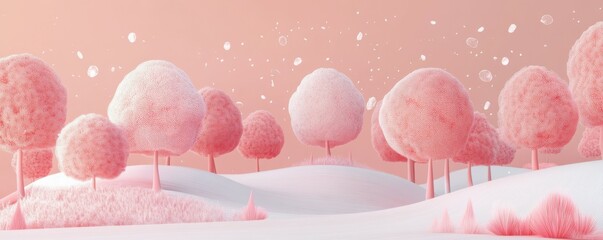 Wall Mural - Pink snowy landscape with stylized trees in a pastel environment, creating a dreamy winter scene filled with soft colors and serene elements Ideal for seasonal designs