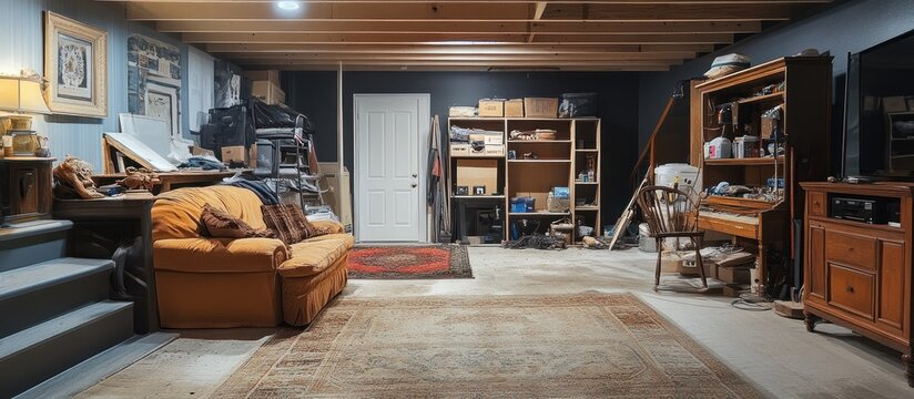 An unfinished basement with a couch, a white door, a wooden bookshelf, and a piano in the background.
