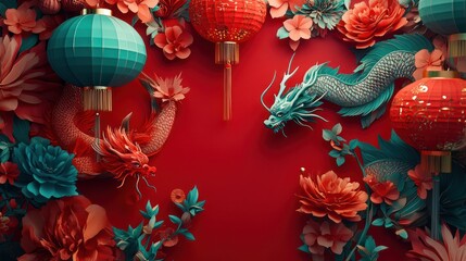 Wall Mural - Dragons, lanterns, and flowers on red background, use for festive banner or seasonal card