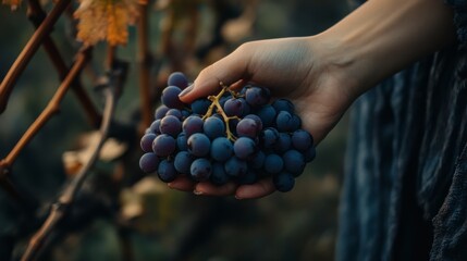 Wall Mural - Harvest Hand: A close-up shot of a hand gently cradling a bunch of ripe, dark purple grapes, showcasing the rich color and texture against a blurred background of a vineyard.