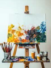 Poster - Creative artistic workspace with vibrant paint palette, brushes, and an easel displaying a colorful canvas. Generative AI