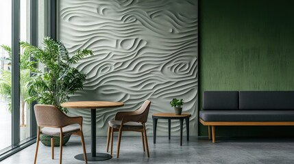 Wall Mural - Modern office lounge with textured wall, plants, and sofa