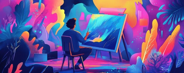 Professional artist working on a colorful digital illustration, creative process, innovative art style.