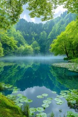 Poster - Tranquil Emerald Lake Reflecting Misty Mountains in Serene Forest, Nature Background with Copy Space