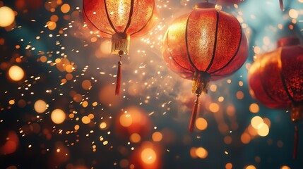 A Chinese New Year celebration with firecrackers exploding in the sky, sending sparks of red and gold across the backdrop.