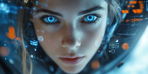 Wall Mural - Woman, futuristic helmet, data streams, close-up