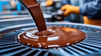 chocolate liquid flowing smoothly into a large rotating mold at a confectionery facility during the 