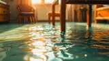 Flooded Living Room Disaster , A chaotic and devastated living room submerged in floodwaters. Furniture is partially submerged, revealing the impact of rising water levels.