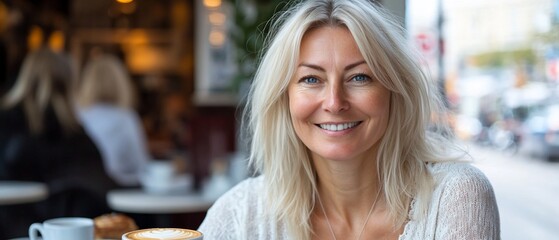 Wall Mural - Woman smiles at cafe, city background. Stock photo