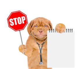 Poster - Funny Mastiff puppy wearing like a doctor with stethoscope on his neck shows empty notebook and stop sign. isolated on white background