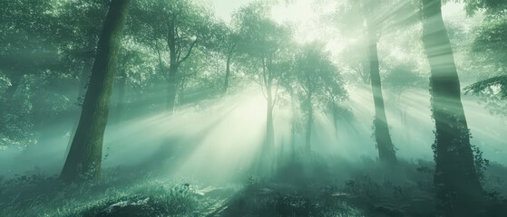 Wall Mural - A forest with trees and sunlight shining through the leaves