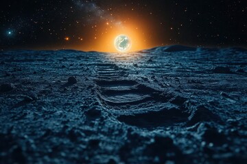 Wall Mural - mysterious alien footprints creating strange patterns in lunar dust with earth rising on horizon and stars in black space background