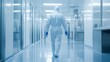 © SSTC AI Photo&Video - Cleanroom Corridor: A lone figure in a pristine white cleanroom suit walks down a long, sterile corridor, the image emphasizing cleanliness, precision.