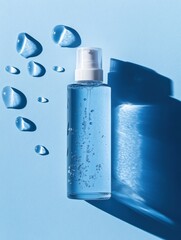 Aufkleber - Droplets of sanitizer effectively combating bacteria on a blue surface under bright light. Generative AI