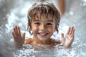 A young boy having fun in the shallow water, possibly at a beach or pool