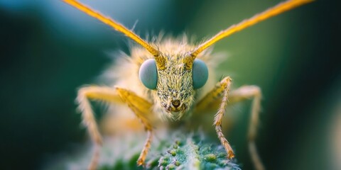 Wall Mural - A detailed view of a bug sitting on a plant, with leaves and stems visible in the background