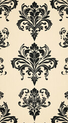 Wall Mural - The image features an ornate damask pattern with black floral designs on a beige background