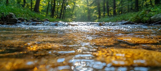 Wall Mural - Shallow creek water flows over rocks in a sunlit forest.