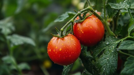 Wall Mural - Tomato Vine Closeup: A vibrant duo of plump, red tomatoes, glistening with dew drops, hang on a lush green vine, a testament to the bounty of a garden harvest. 