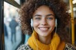 © Ravi - Young smiling woman listening music over earphones while commuting by public transport. Generative AI