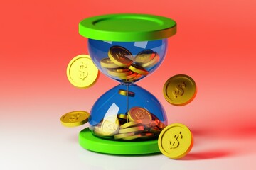 Aufkleber - An hourglass filled with gold coins symbolizing the passage of time and the value of money.