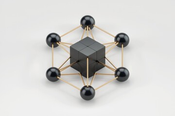 Poster - A black cube connected to six spheres by golden rods, representing network, connection, or data structure.