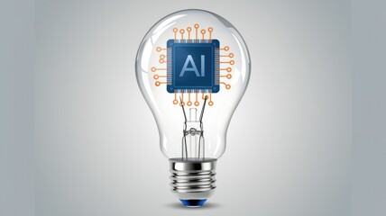 Poster - AI innovation represented as a microchip inside a lightbulb, symbolizing bright ideas and technological advancement.