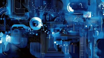 Digital illustrations in blue showcase computer codes and futuristic web designs. Virtual patterns define a future where technology meets business in digital landscapes illustration