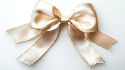 Elegant satin ribbon bow in soft beige with tails isolated on white background perfect for gift wrapping and decorative purposes