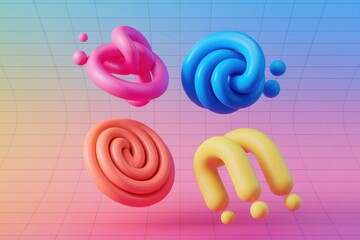 Fototapete - Abstract 3D render of colorful twisted shapes against a gradient background.